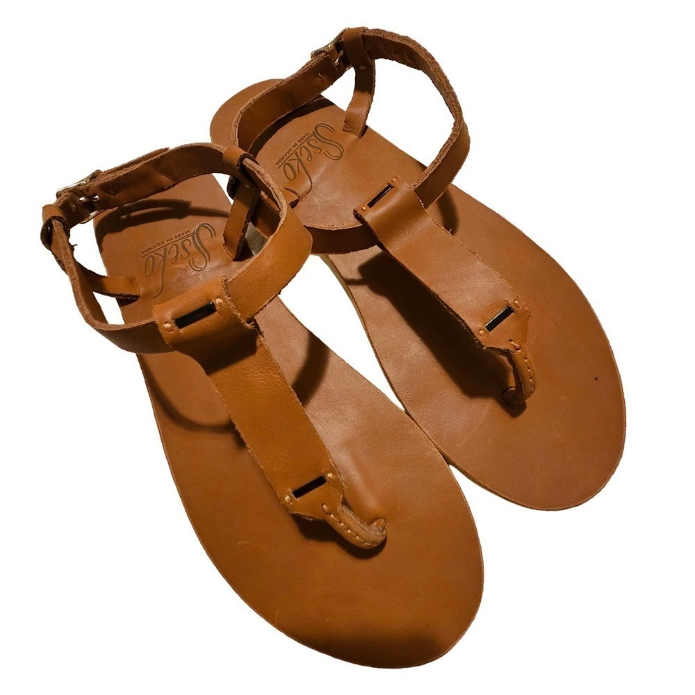 Sseko Women's Tan Leather T-Strap Sandals